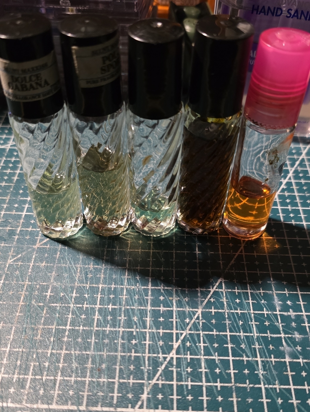 Mini Glass Roller Bottles Lot with Black and Pink Caps